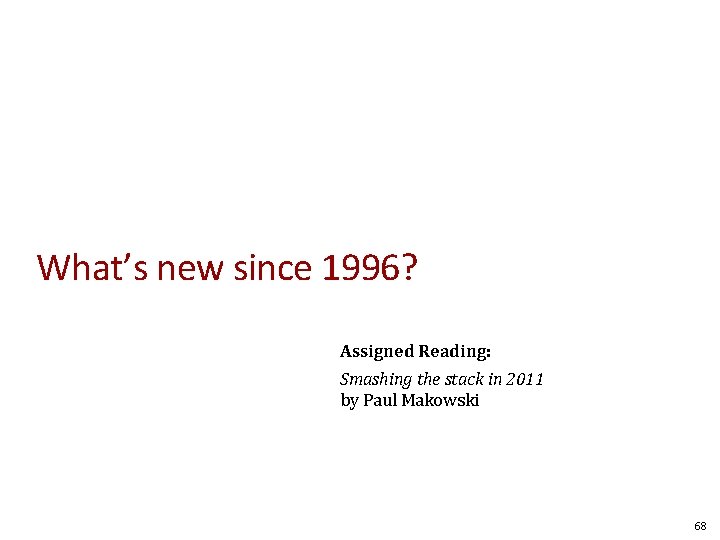 What’s new since 1996? Assigned Reading: Smashing the stack in 2011 by Paul Makowski What’s new since 1996? Assigned Reading: Smashing the stack in 2011 by Paul Makowski