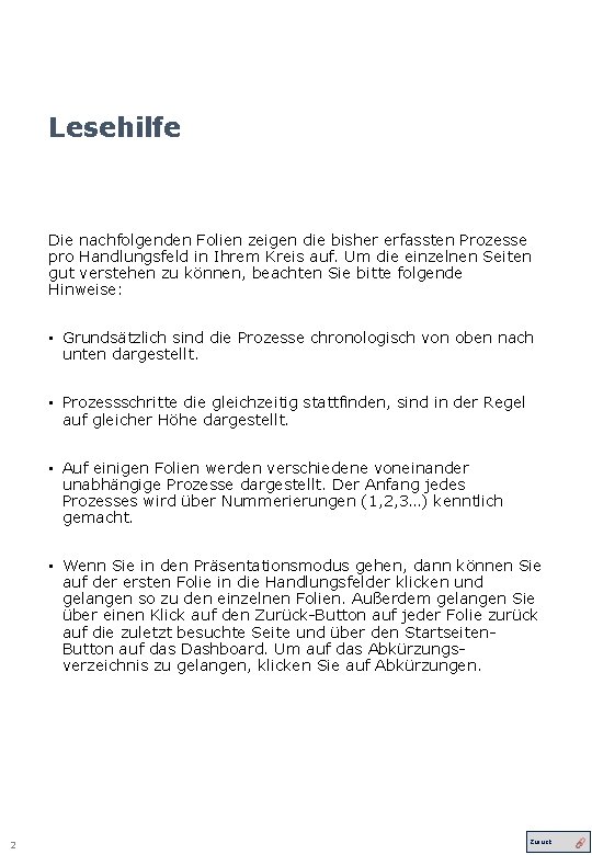 Lesehilfe Die nachfolgenden Folien zeigen die bisher erfassten Prozesse pro Handlungsfeld in Ihrem Kreis