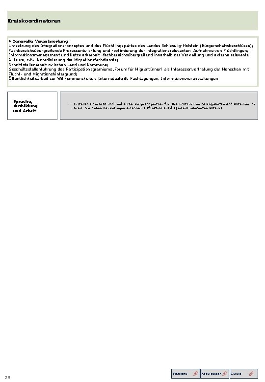 Kreiskoordinatoren Ø Generelle Verantwortung Umsetzung des Integrationskonzeptes und des Flüchtlingspaktes des Landes Schleswig-Holstein (Bürgerschaftsbeschlüsse);