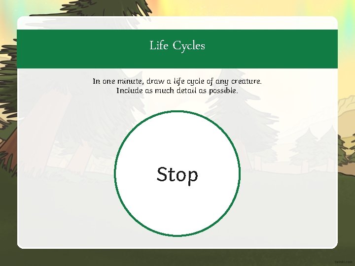 Life Cycles In one minute, draw a life cycle of any creature. Include as