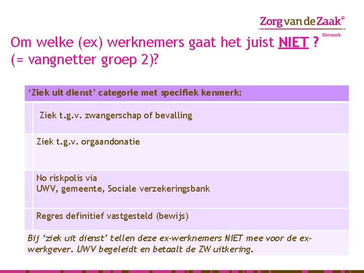 Om welke (ex) werknemers gaat het juist NIET ? (= vangnetter groep 2)? ‘Ziek