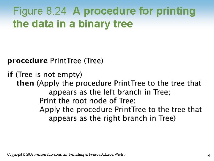 Figure 8. 24 A procedure for printing the data in a binary tree Copyright Figure 8. 24 A procedure for printing the data in a binary tree Copyright