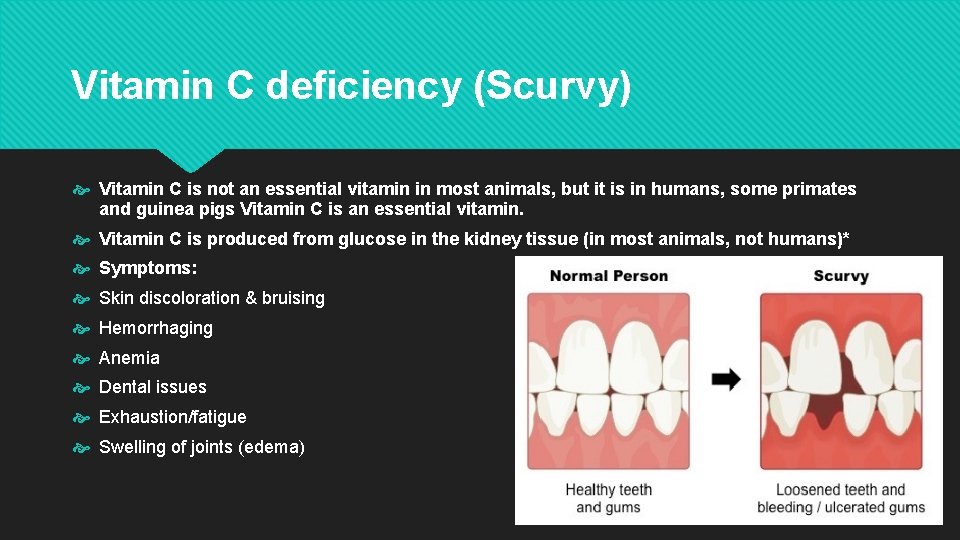 Vitamin C deficiency (Scurvy) Vitamin C is not an essential vitamin in most animals,