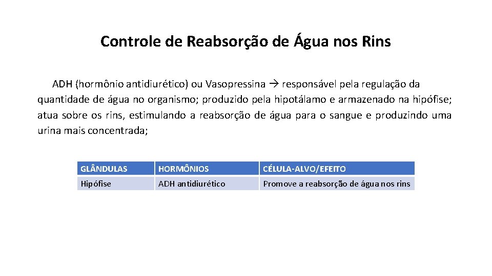 Controle de Reabsorção de Água nos Rins ADH (hormônio antidiurético) ou Vasopressina responsável pela