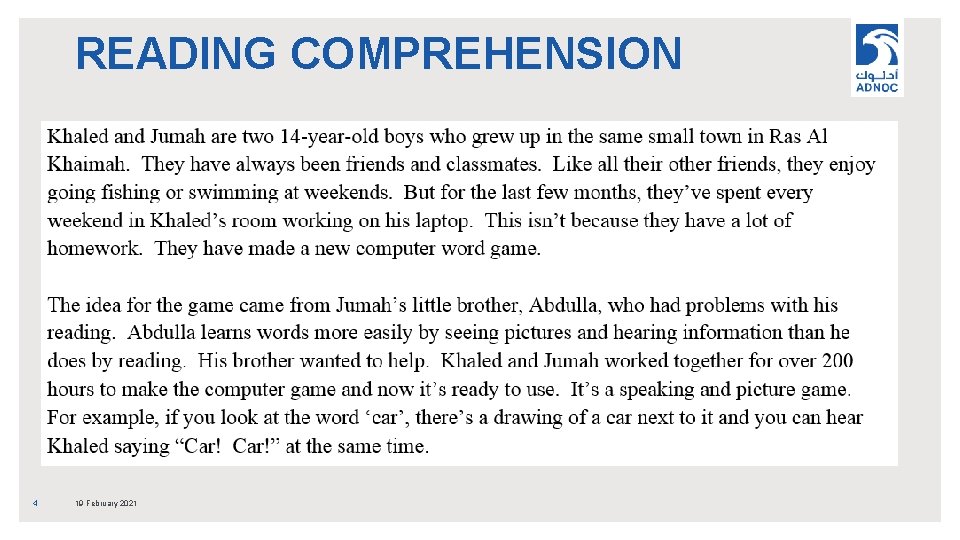 READING COMPREHENSION 4 19 February 2021 