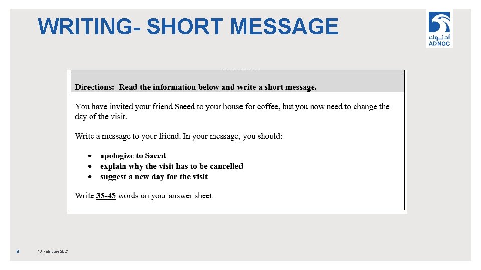 WRITING- SHORT MESSAGE 8 19 February 2021 