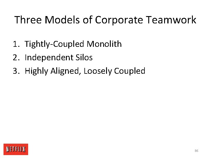 Three Models of Corporate Teamwork 1. Tightly-Coupled Monolith 2. Independent Silos 3. Highly Aligned,
