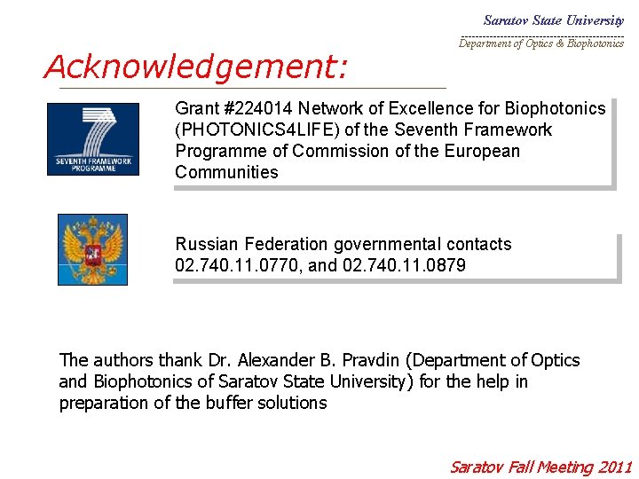 Saratov State University _______________________ Acknowledgement: _________________________ Department of Optics & Biophotonics Grant #224014 Network