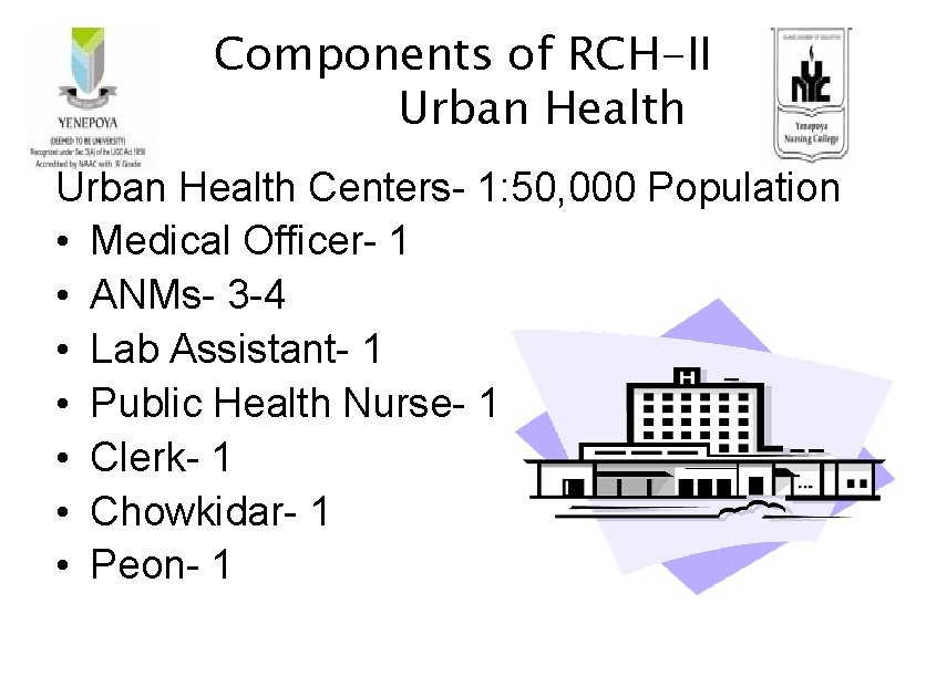 Components of RCH-II Urban Health Centers- 1: 50, 000 Population • Medical Officer- 1