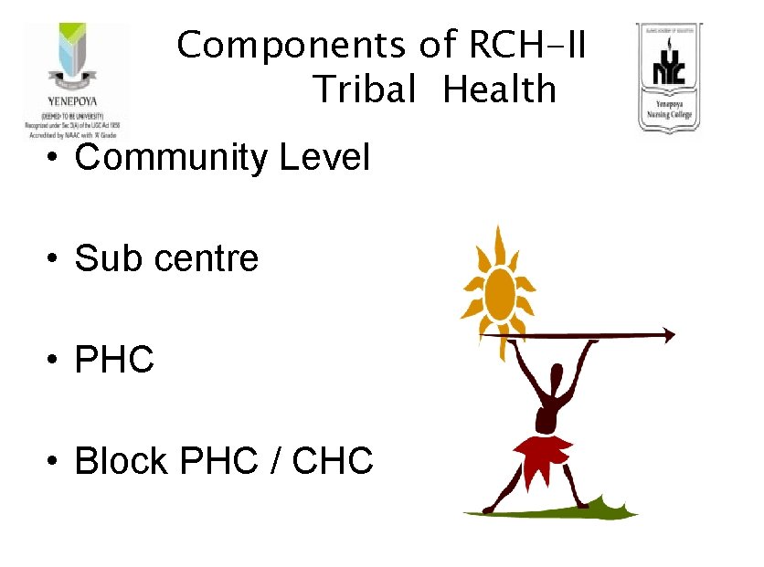Components of RCH-II Tribal Health • Community Level • Sub centre • PHC •