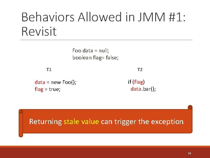 Behaviors Allowed in JMM #1: Revisit Foo data = null; boolean flag= false; T