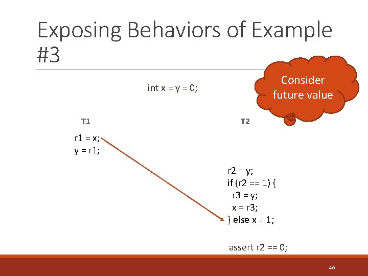 Exposing Behaviors of Example #3 Consider future value int x = y = 0;