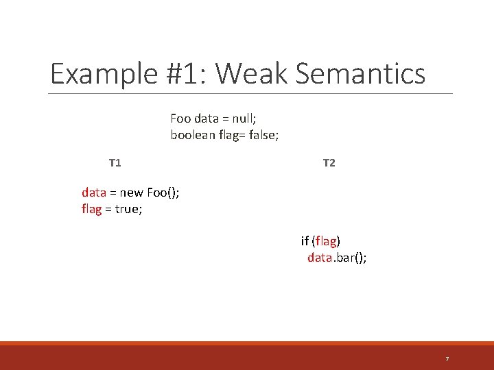 Example #1: Weak Semantics Foo data = null; boolean flag= false; T 1 T