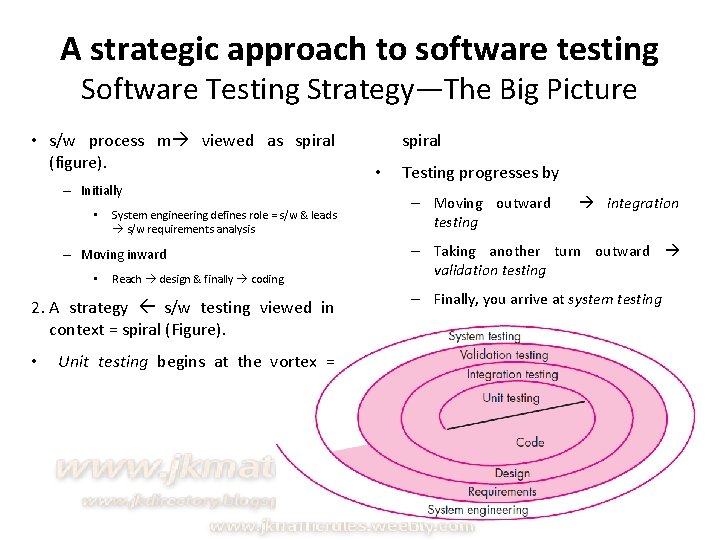 A strategic approach to software testing Software Testing Strategy—The Big Picture • s/w process