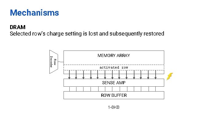 Mechanisms DRAM Selected row’s charge setting is lost and subsequently restored Row Decoder MEMORY