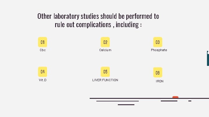 Other laboratory studies should be performed to rule out complications , including : 01