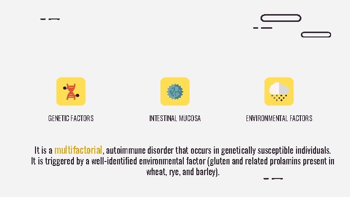 GENETIC FACTORS INTESTINAL MUCOSA ENVIRONMENTAL FACTORS It is a multifactorial, autoimmune disorder that occurs