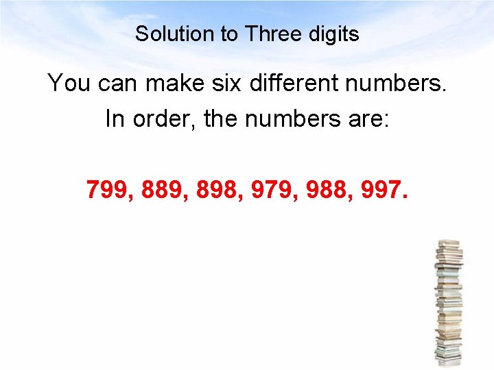 Solution to Three digits You can make six different numbers. In order, the numbers