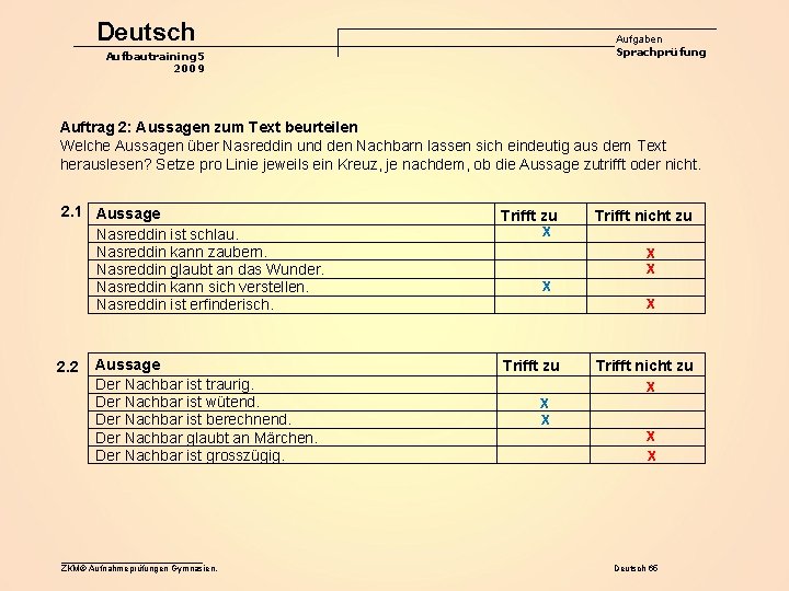 Deutsch Aufgaben Sprachprüfung Aufbautraining 5 2009 Auftrag 2: Aussagen zum Text beurteilen Welche Aussagen