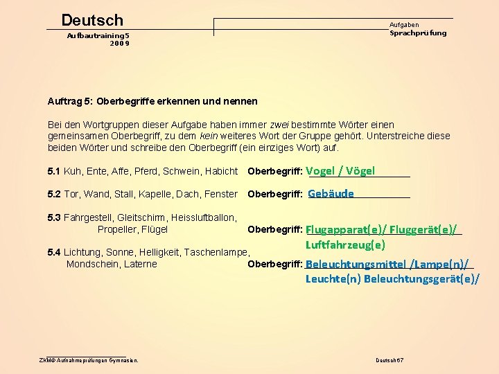Deutsch Aufgaben Sprachprüfung Aufbautraining 5 2009 Auftrag 5: Oberbegriffe erkennen und nennen Bei den