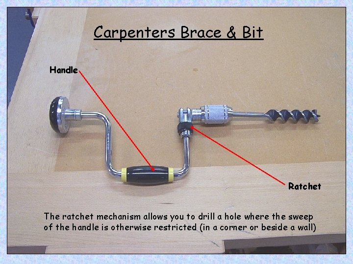 Carpenters Brace & Bit Handle Ratchet The ratchet mechanism allows you to drill a