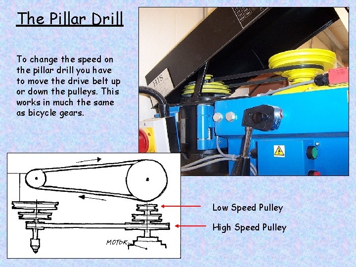 The Pillar Drill To change the speed on the pillar drill you have to