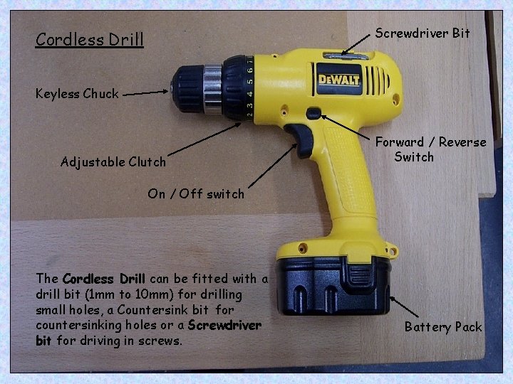 Screwdriver Bit Cordless Drill Keyless Chuck Adjustable Clutch Forward / Reverse Switch On /