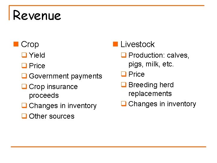 Revenue n Crop q Yield q Price q Government payments q Crop insurance proceeds