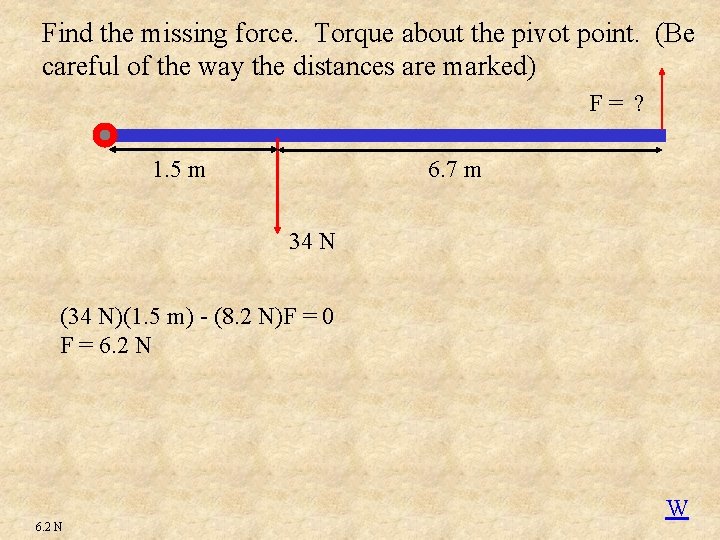 Find the missing force. Torque about the pivot point. (Be careful of the way