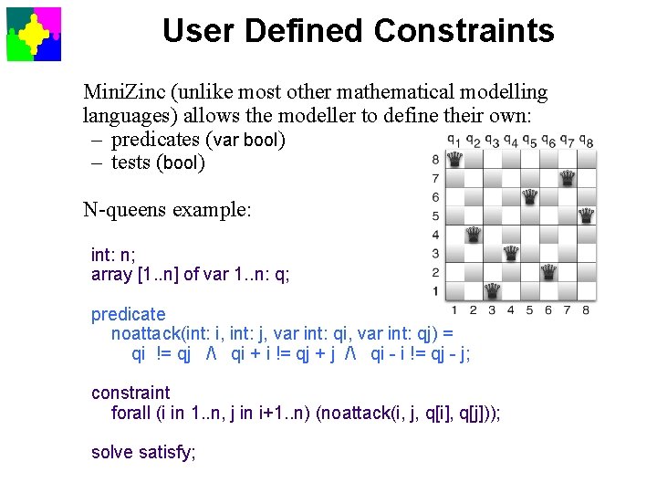 User Defined Constraints Mini. Zinc (unlike most other mathematical modelling languages) allows the modeller