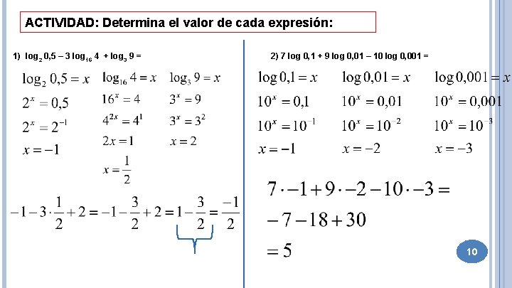 ACTIVIDAD: Determina el valor de cada expresión: 1) log 2 0, 5 – 3