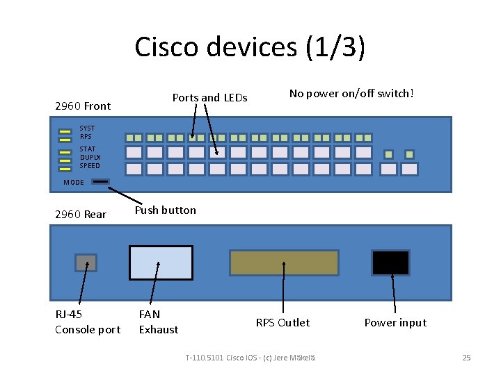 Cisco devices (1/3) 2960 Front Ports and LEDs No power on/off switch! SYST RPS