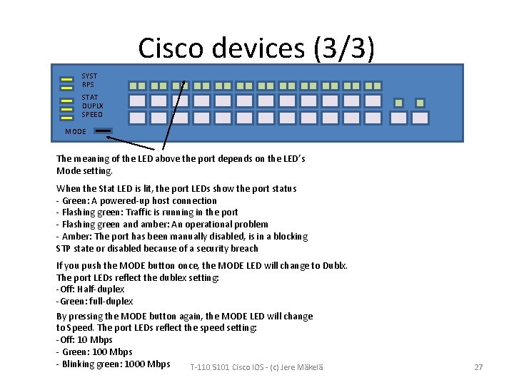 Cisco devices (3/3) SYST RPS STAT DUPLX SPEED MODE The meaning of the LED