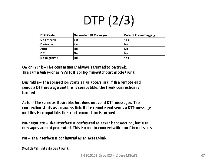 DTP (2/3) DTP Mode On or trunk Desirable Auto Off No-negotiate Generate DTP Messages