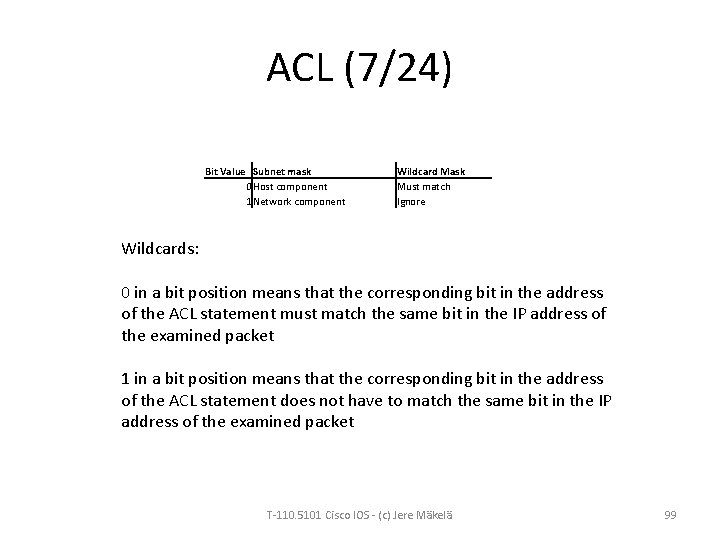 ACL (7/24) Bit Value Subnet mask 0 Host component 1 Network component Wildcard Mask
