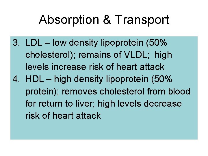 Absorption & Transport 3. LDL – low density lipoprotein (50% cholesterol); remains of VLDL;