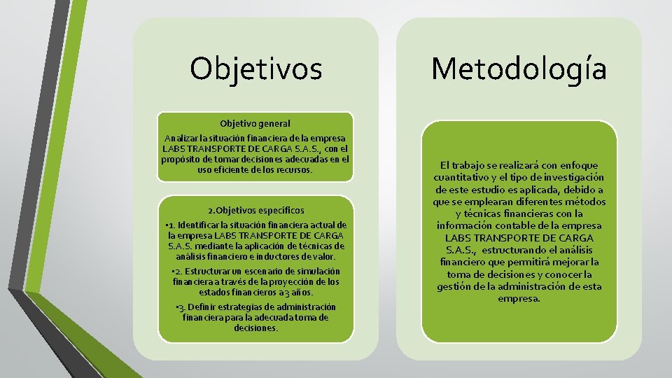 Objetivos Objetivo general Analizar la situación financiera de la empresa LABS TRANSPORTE DE CARGA