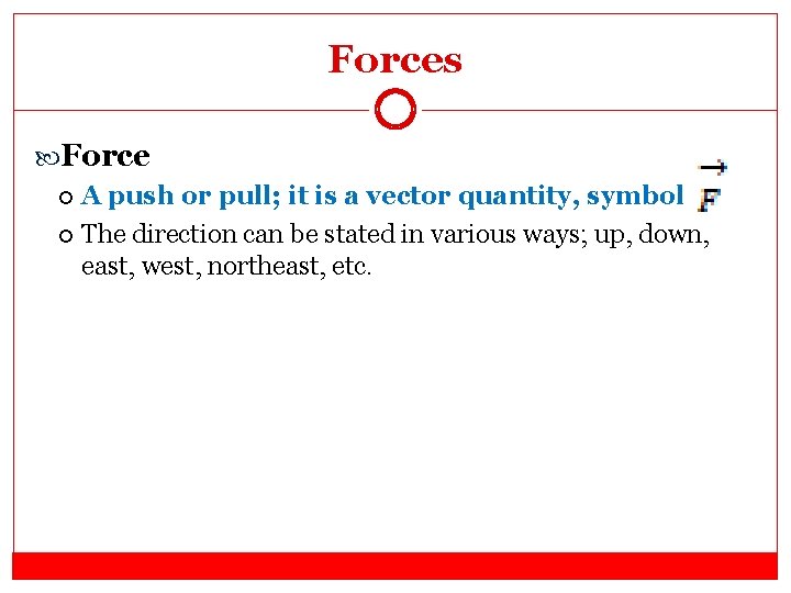 Forces Force A push or pull; it is a vector quantity, symbol The direction