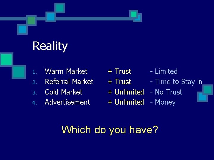 Reality 1. 2. 3. 4. Warm Market Referral Market Cold Market Advertisement + +