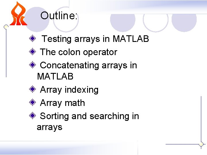 Outline: Testing arrays in MATLAB The colon operator Concatenating arrays in MATLAB Array indexing Outline: Testing arrays in MATLAB The colon operator Concatenating arrays in MATLAB Array indexing