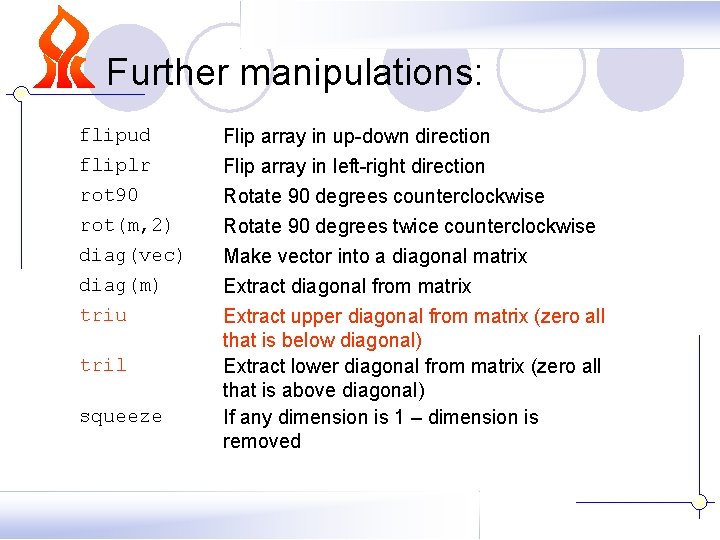 Further manipulations: flipud Flip array in up-down direction fliplr rot 90 rot(m, 2) diag(vec) Further manipulations: flipud Flip array in up-down direction fliplr rot 90 rot(m, 2) diag(vec)