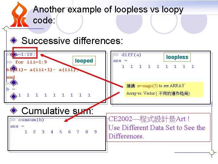 Another example of loopless vs loopy code: Successive differences: >> a=1: 10; >> diff(a) Another example of loopless vs loopy code: Successive differences: >> a=1: 10; >> diff(a)