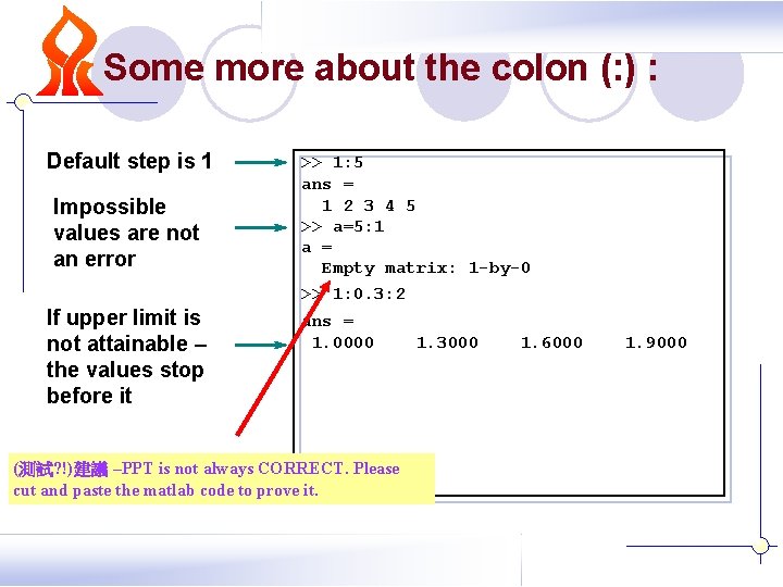 Some more about the colon (: ) : Default step is 1 Impossible values Some more about the colon (: ) : Default step is 1 Impossible values