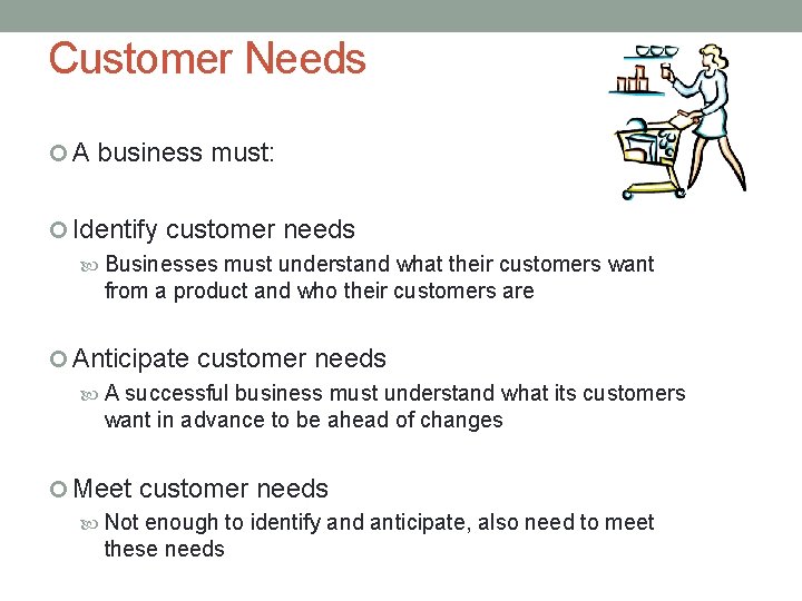 Customer Needs A business must: Identify customer needs Businesses must understand what their customers