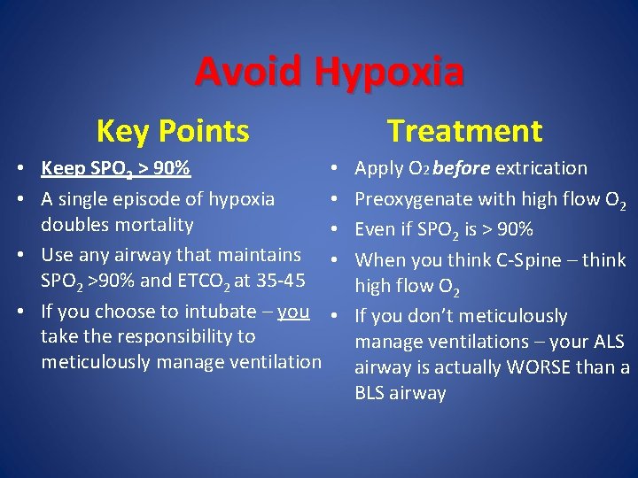 Avoid Hypoxia Key Points • Keep SPO 2 > 90% • A single episode