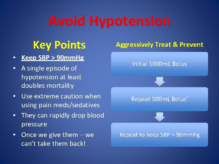 Avoid Hypotension Key Points • Keep SBP > 90 mm. Hg • A single