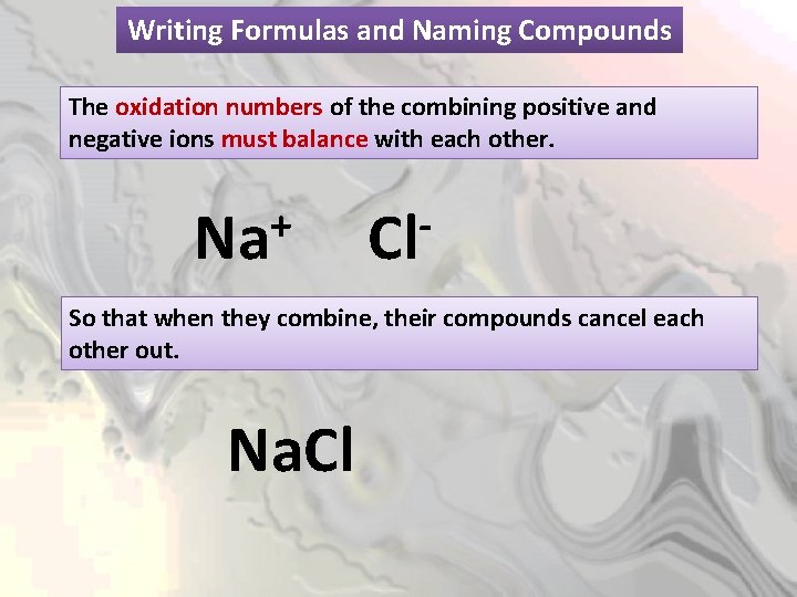 Writing Formulas and Naming Compounds The oxidation numbers of the combining positive and negative
