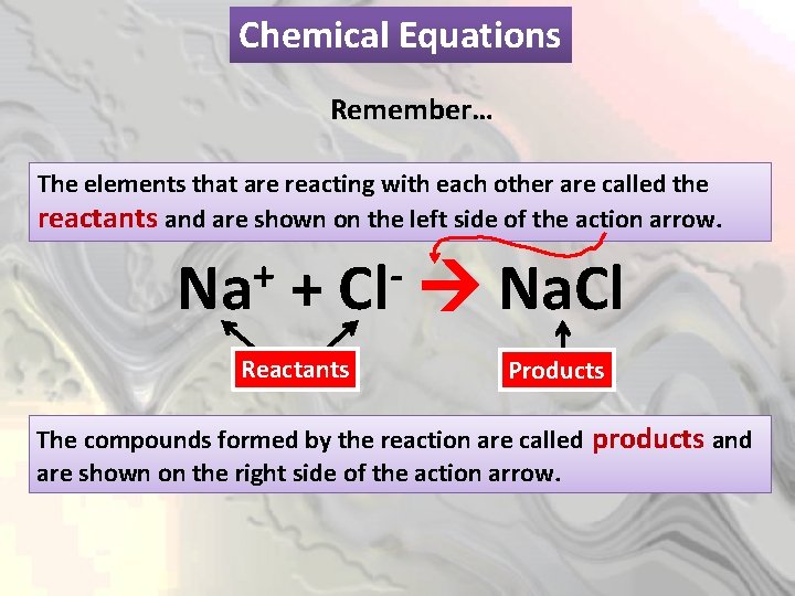 Chemical Equations Remember… The elements that are reacting with each other are called the