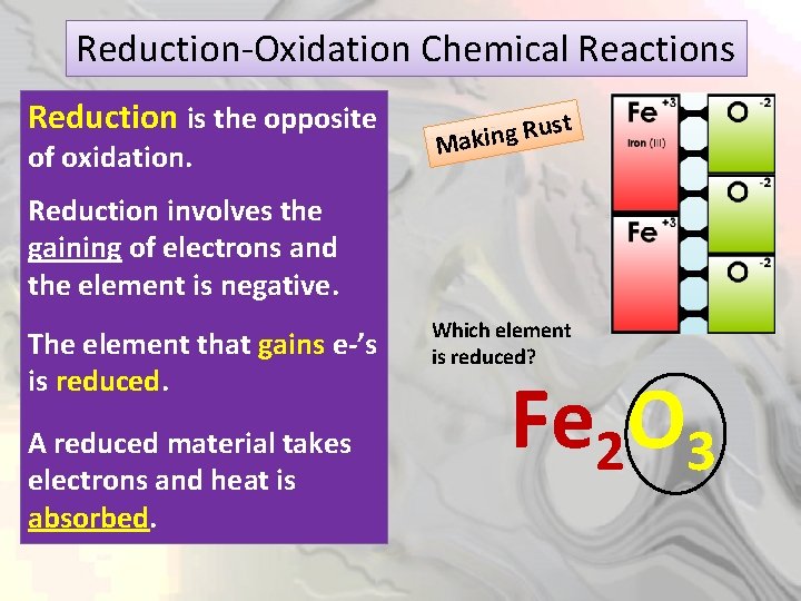 Reduction-Oxidation Chemical Reactions Reduction is the opposite of oxidation. t s u R g