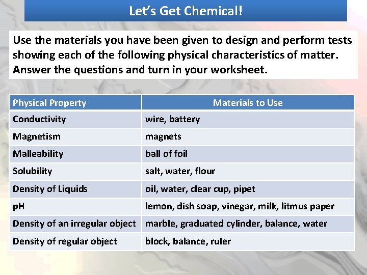 Let’s Get Chemical! Use the materials you have been given to design and perform